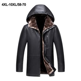 Men Leather Jacket Faux Sheepskin Coat Winter Leather Coat Overcoat Motorcycle Leather Jacket Hooded Plus Size 4XL-10XL 201128