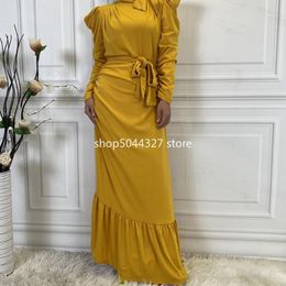 Ethnic Clothing Women Long Ruched Dresses Full Sleeves Tie Neck Ruffles Gown Muslim Modest Abaya Turk England Elegance Solid Colour Islam Clo