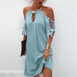 Fashion Women S Dress Sexy Lace Up Short Sleeve Evening Party Mini Dew Shoulder Halter Neck Solid Colour Strapless es 220613