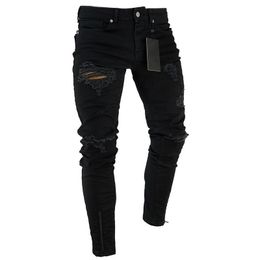 Jeans Ritsleting Bawah Skinny Fit Melar Hitam Celana Jeans Pemotor Lubang Tertekan Robek Lutut Celana Jeans Hip Hop Jalanan Ukuran 220817