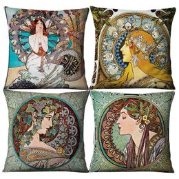 Pillow Case Classical Mucha Gallery Beauty Linen Decorative Throw Green Pillows Case Set Decor Home Cartoon Cushion Covers for Sofa Car 220714