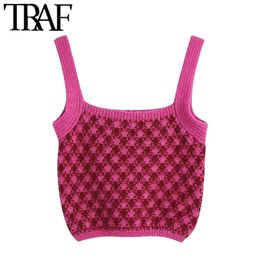 TRAF Women Sweet Fashion Cheque Knit Tank Tops Vintage Straight Neck Wide Straps Female Camis Mujer 220316