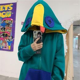 Women's Hoodies & Sweatshirts Frog Hoodie Splice Zip Up Women Long Sleeve Winter Fashion 2022 Korean Style Plus Velvet Warm Sweatshirt Autum