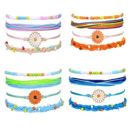 4 Pcs/set Bohemian Colorful Retro Daisy Bracelets Set Handmade Woven Beaded Waterproof wax Rope Bracelet Beach Jewelry