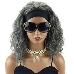 Loose wave salt and pepper human hair headband wig salt&pepper wig silver Grey wigs with black headbands kinky curl 150%density