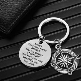 Remember You'Re Brave Keychain Round Bar Disc Stainless European American Inspirational Compass Key Chain Gift Jewelry