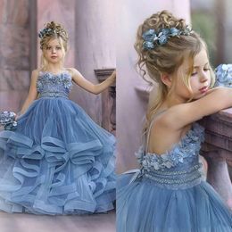 Wholesale Dusty Blue Spaghetti Straps Tulle Flower Girl Dresses Lace 3D Floral Appliques Tiered Ruffles Girls Pageant Dress Kids Birthday Party Gowns BC4690