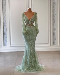 Mermaid Prom Sparkling Dresses Sexy Deep V Neck Long Sleeves Sequins Appliques Beads Hollow Lace Shiny Floor Length Plus Size Formal Party Gowns Custom Made 0425