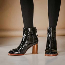 krazing pot new genuine leather high heels zipper round toe keep warm plus size movie star office lady handmade ankle boots l1f1 Y200115