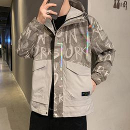 Men's Trench Coats Spring And Autumn Reflective Jacket With Hoody Letter Printing Gothic Cardigan Men Jackets Cyber Punk WindbreakerMen's