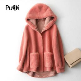 PUDI A59325 Lady Wool Fur Coat Hood Jacket Over Size Parka Women Winter Warm Genuine Fur Coat 201103