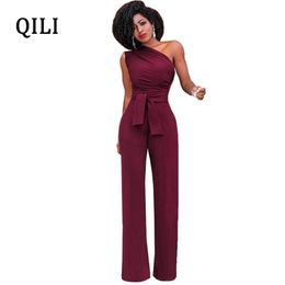 QILI One Shoulder Jumpsuits Summer Sleeveless Belt Wide Leg Elegant Lady Casual Jumpsuits White Black Blue Red Yellow T200107