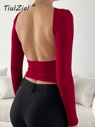 Women's TShirt TiulZial Backless Top Y2K Women Long Sleeve Crop Tshirt Black Cut Out O Neck Skinny Casual Tee Red Sexy Outfits Blue Korea 230206