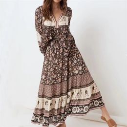 Autumn Bohemian Lacing up Tassel Floral Shirt BOHO Women Elastic Waist Maxi Long Skirts Long Sleeve Blouse Holiday 2 Pieces Set 220511