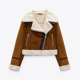 Ailegogo Autumn Winter Women Faux Suede Leather Short Jacket Streetwear Female Zipper Sheepskin Coat Browm Moto Biker Outwear 220815