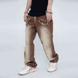 Hip Hop Hole Painted Embroidery Retro Ripped Denim Pants Mens and Women Straight Washed Pockets Casual Oversized Jeans Trousers T220803
