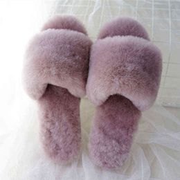 100 Natural Sheepskin Winter Warm Fur Slippers Women Home Shoes Indoor Wool Slippers 2021 Luxury Antislip Casual Slippers J220716