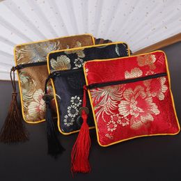 10pcs Flower Small Zip Bags Chinese Silk Brocade Jewellery Gift Pouch Bangle Bracelet Storage Bag Tassel Women Zipper Coin Purse