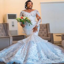 Luxurious Full Lace Mermaid Wedding Dresses For African Women Long Sleeves Lace Up Beaded Plus Size Church Bridal Party Gowns