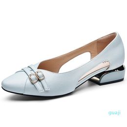 Dress Shoes Soft Microfiber Leather Pumps Women OL Spring Med High Heels Offical Comfortable Sky Blue Buckle Woman
