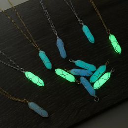 Hexagonal Cylindrical Crystal Stone Necklace Glow In The Dark Luminous Wire Wrap Stones Pendant Necklaces Jewelry Gift for Women Men