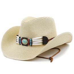 Women khaki Turquoise Belt Cowboy Hat Floppy Beach Cap Summer Straw Hats Ladies UV Protection Hat Men Panama Sun Caps