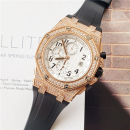 Diamond Quartz Luxury Watches for Men with Rubber Strap Classic Multifunction Wrist Watch Luminous Waterproof Chronograph Date