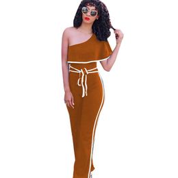 womens wide leg overalls UK - Women's Jumpsuits & Rompers Office Lady One Shoulder Wide Leg Jumpsuit Women Overalls Ruffles Sexy Party Workwear Loose Elegant SashesWomen'