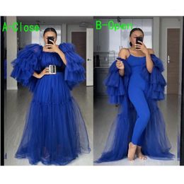 -Мода Royal Blue Women Share Outfit A-Line Long Ruffles Tulle Mesh Платья для беременных Оденьки OpenClose Front Support
