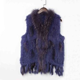 Womens Natural Real Rabbit Fur Vest With Raccoon Fur Collar Waistcoat/jackets Rex Rabbit Knitted Winter T220810