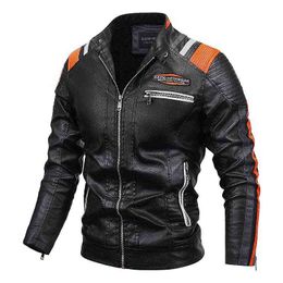 Mens Vintage Motorcycle Jacket 2021 Men Fashion New Biker Leather Jacket Male Embroidery Bomber Jacket Winter Fleece Pu Overcoat L220725