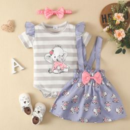 Clothing Sets Born Girl Clothes Infant Stripe Romper Elephant Suspender Dress Ruffle Sleeve Jumpsuit Headband Set Vetement Enfant FilleCloth