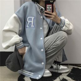 Baseball Jacket Women Korean Casual Loose Pocket Letter Print Oversized Bomber Sweatshirt Uniform Streetwear Couple Tops 220722