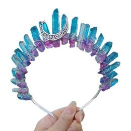 Bridal Jewellery Crescent Moon Tiara Crown Rainbow Raw Quartz Crystal Headband C1FE AA220323