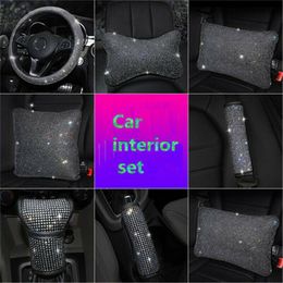 Steering Wheel Covers Universal Car Cover Shiny Rhinestone Diamond Auto Accessories Interior Set Pillow/ Headrest/Handbrake CoverSteering