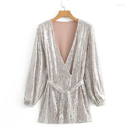 Women's Jackets Women Dress 2022 White Sliver Sequin Sashes V-neck Chic Ladies Slim Elegant Mini Club Evening Party Woman Dresses