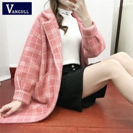 VANGULL Covered Button Coat Women Winter Plaid Mid long Outwear Womens Pockets Loose Harajuku Korean Style All match Elegant LJ201106