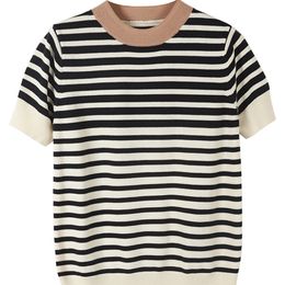 Spring Summer Brand Quality Breathable Knit T Shirt 100% Cotton Clothes Striped Patchwork Tops C-003 220408