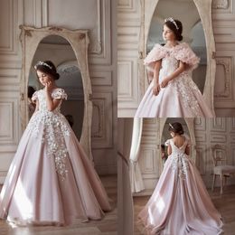 Pink Glitter Flower Girls' Dresses Birthday Party Gown Appliques Sequins Tulle Lace Rufflls Cap Sleeve High Neck Appliqued Floor Length Custom Made Tailored Wedding