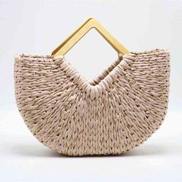 Shopping Bags Fashion Square Wooden Top Handle For Women Half Moon Straw Handbags Large Capacity 's Bag Beach Hand 220318