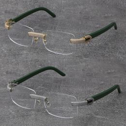 Wholesale Metal Mix Plank Arms Rimless Micro-paved Diamond Set Frames Wooden Eyewear Myopic Glasses Male and Female 18K Gold Frame Glasses Unisex Eyeglasses Size:57