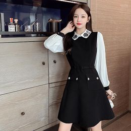 Fashion Full Sleeve Women One-piece Dress Korean Spring Sequins Turn-down Collar Dresses Black 8679 Casual