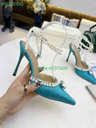 2022 Runway Glitter Rhinestones Pearl Women Pumps Crystal Bowk Satin Summer New Lady Shoes Genuine Leather High Heels Party Shoe220513