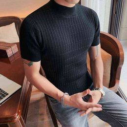 Men's Short Sleeve Knit T-Shirts Summer High Quality Half Turtleneck Tops Pullovers Solid Colour Slim Fit T-Shirts Male Clothing Y220426