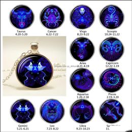 Pendant Necklaces Pendants Jewelry Fashion 12 Constellation Design Zodiac Sign Horoscope Astrology Glass Cabochon Necklace For Women Men D