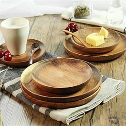 Dishes & Plates Wood Dinner Round Shape Wooden Serving Trays Fruit Saucer Dessert Bread Storage Tea Tray