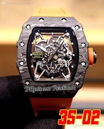 2022 NTPT Carbon Fibre Miyota Automatic Mens Watch All Black Skeleton Dial Orange Rubber Strap Super Edition Puretime01 3502E5