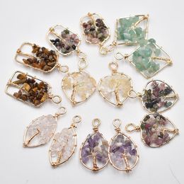 Natural Crystal Stone Beads Charms Wire Wrapped for Jewelry Making Tree of Life Chakra Reiki Healing Amethyst Green Aventurine Pendant Wholesale