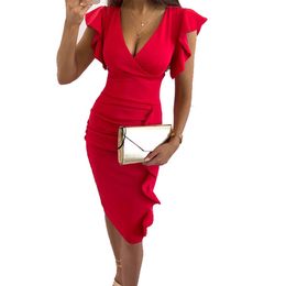 2022 V-Neck Slim Office Lady Dress Ruffle Short Sleeve Bodycon Knee-length Dresses For Women 2021 Casual Summer Woman Work Dress