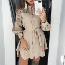 Plus Size Autumn Shirt Dress Women Solid Stand Neck Lace Patchwork Long Sleeve Belt Mini Dress Ladies Buttons Ruffle Party Dress 210226